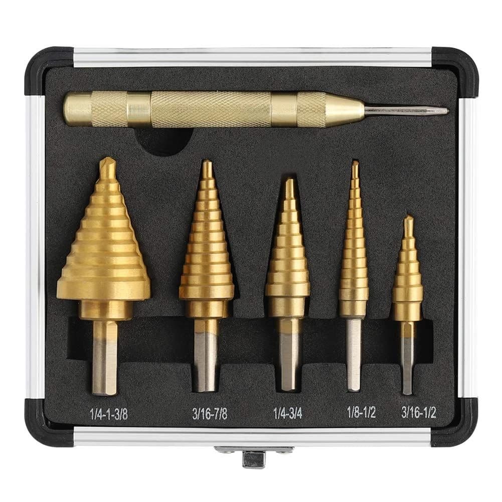 Comoware 5pc Step Drill Bit Set & Unibit Titanium Coated HSS w/Aluminum Case product image