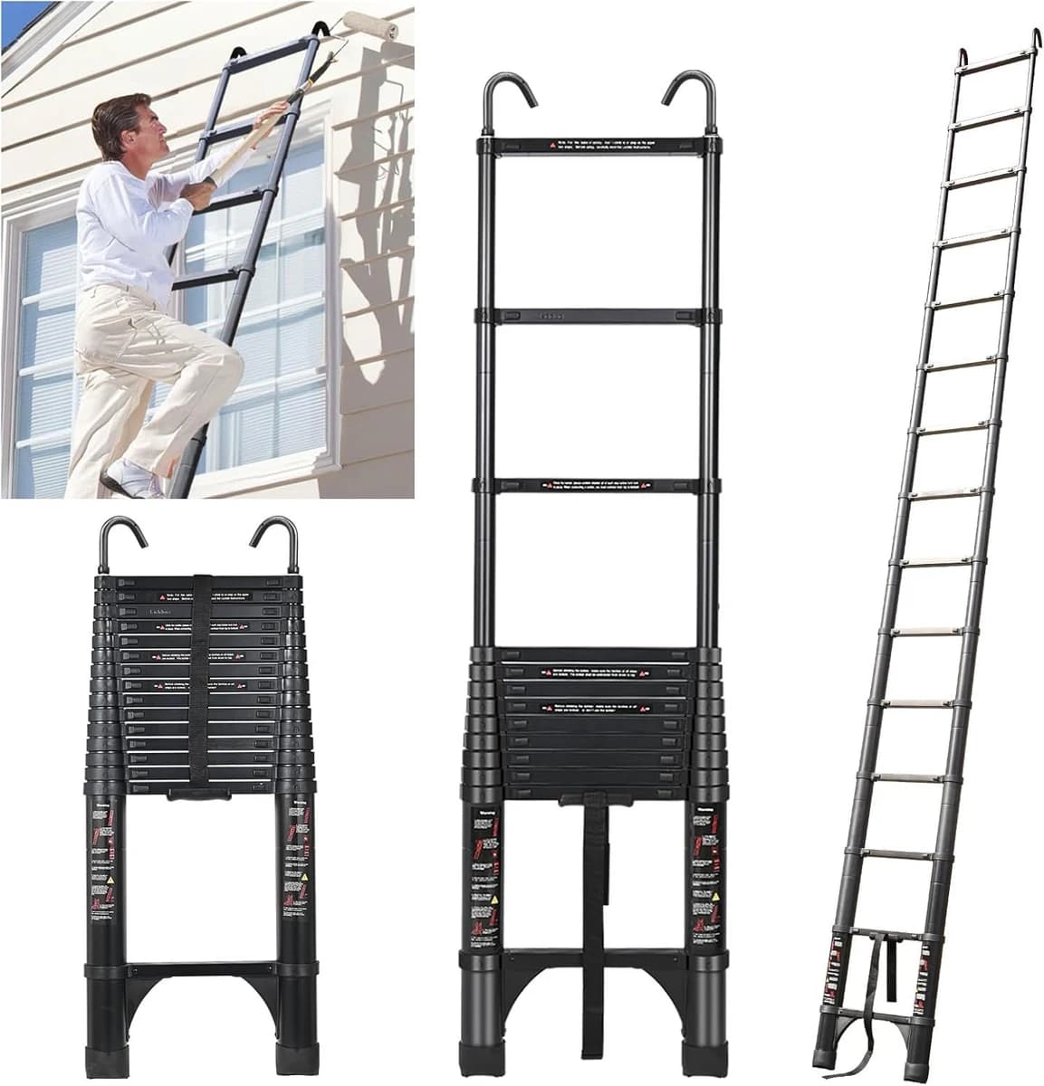 JADDUO 20.3' Aluminium Black Telescoping Ladder Non-Slip Feet&Stable Hook 330LB product image