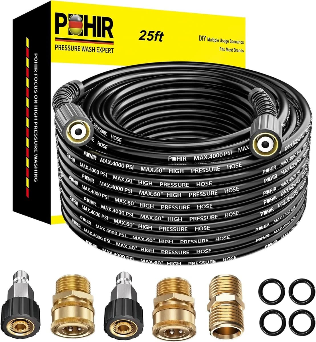 POHIR 25' Pressure Washer Hose Quick Connect M22 Fittings 4000 PSI product image