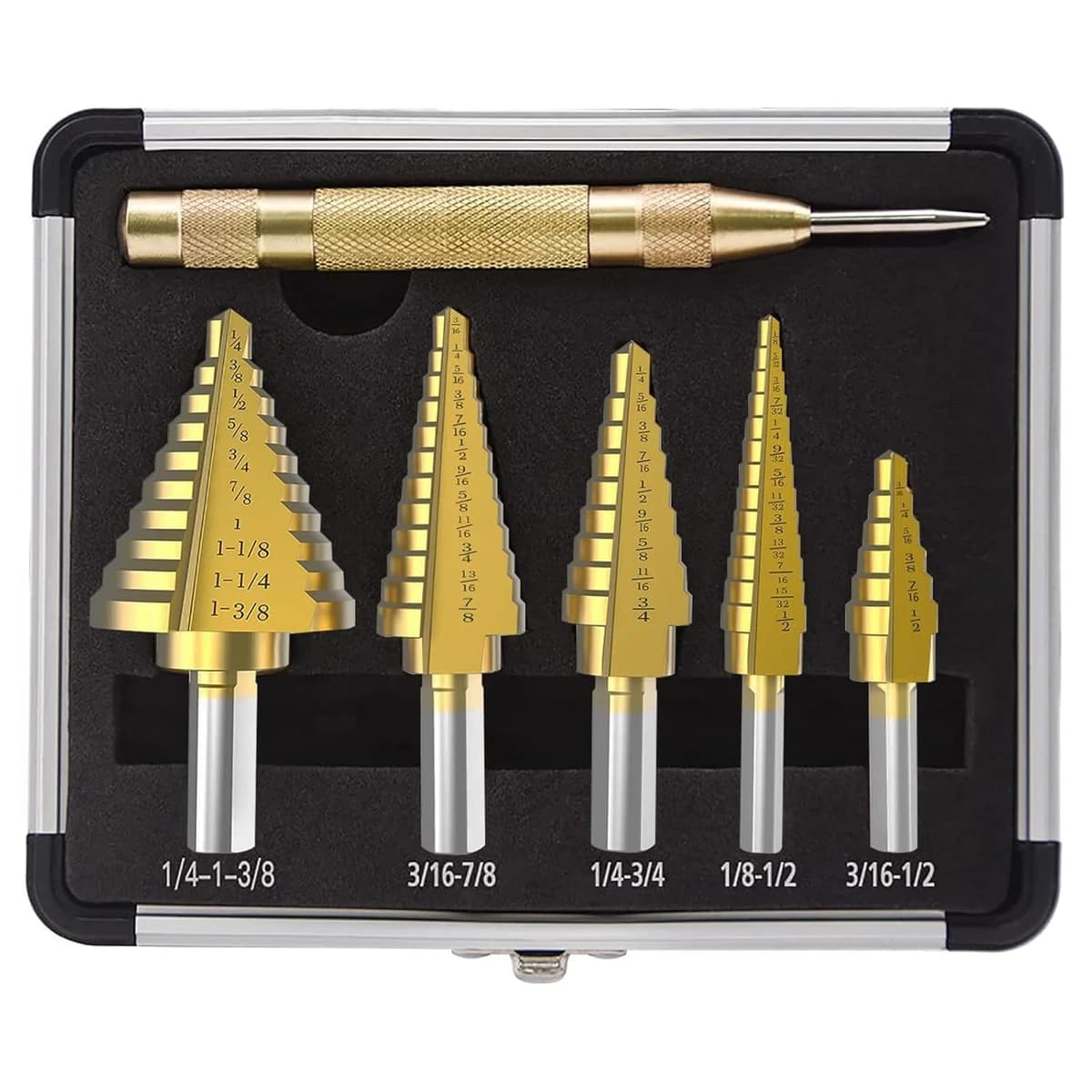 HOTS Step Drill Bit Set & Automatic Center Punch Unibit Cobalt Titanium Set 5pc product image