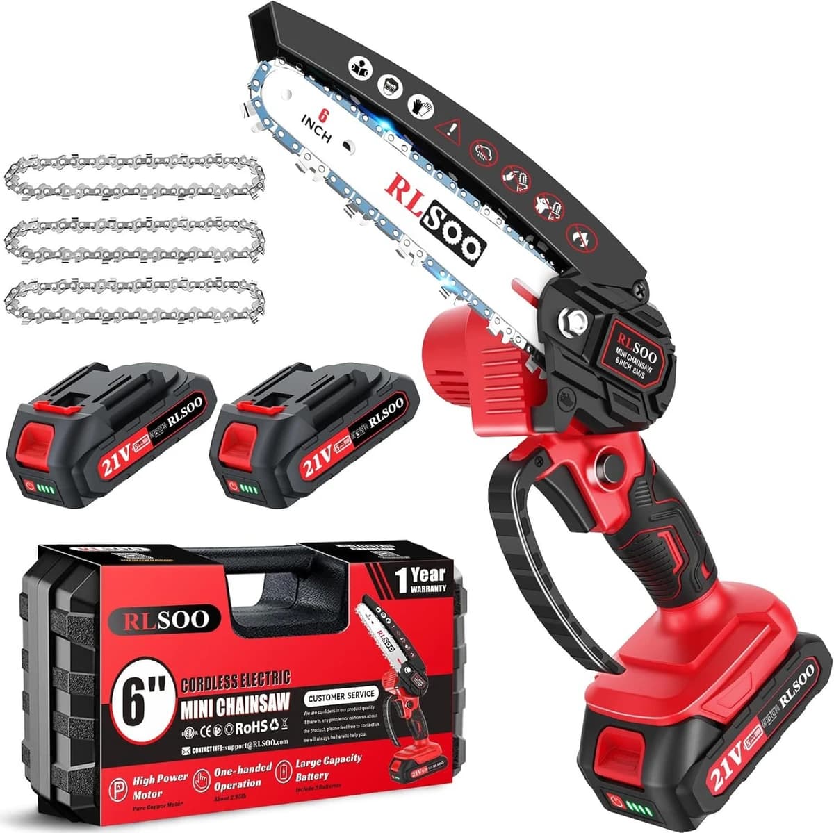 RLSOO 6" Mini Chainsaw for Wood Cutting, Tree Trimming w/2 Batteries & 3 Chains product image