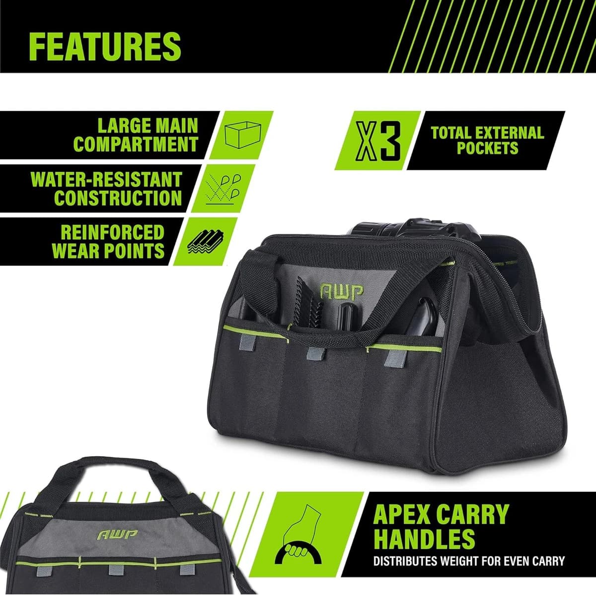 AWP 13 Inch Tool Bag with Apex Handle Design Sub-Compact Size Water-Resistant product image