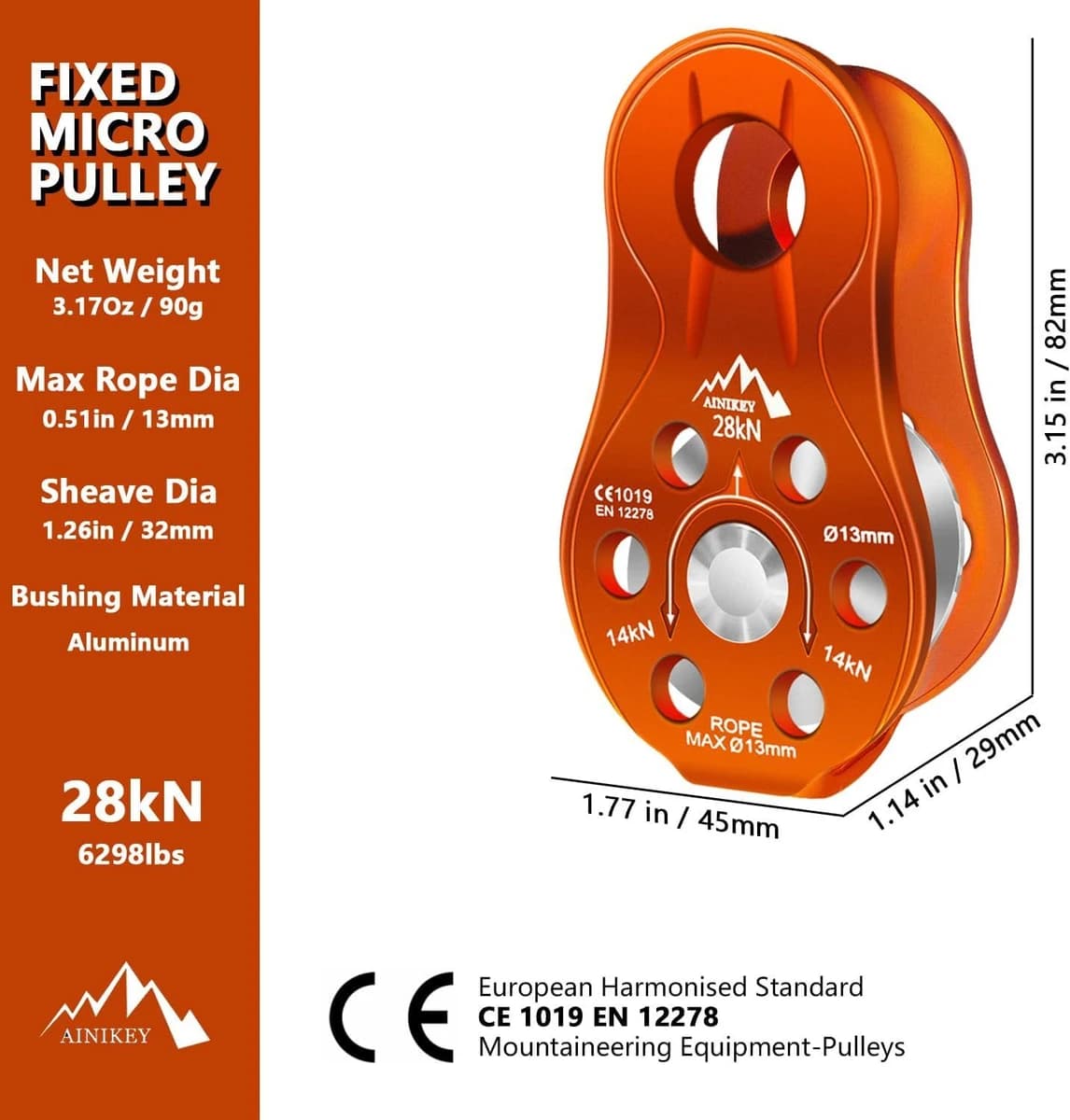 AINIKEY Fixed Plate Micro Pulley, 28KN CE Certified General Purpose Orange product image