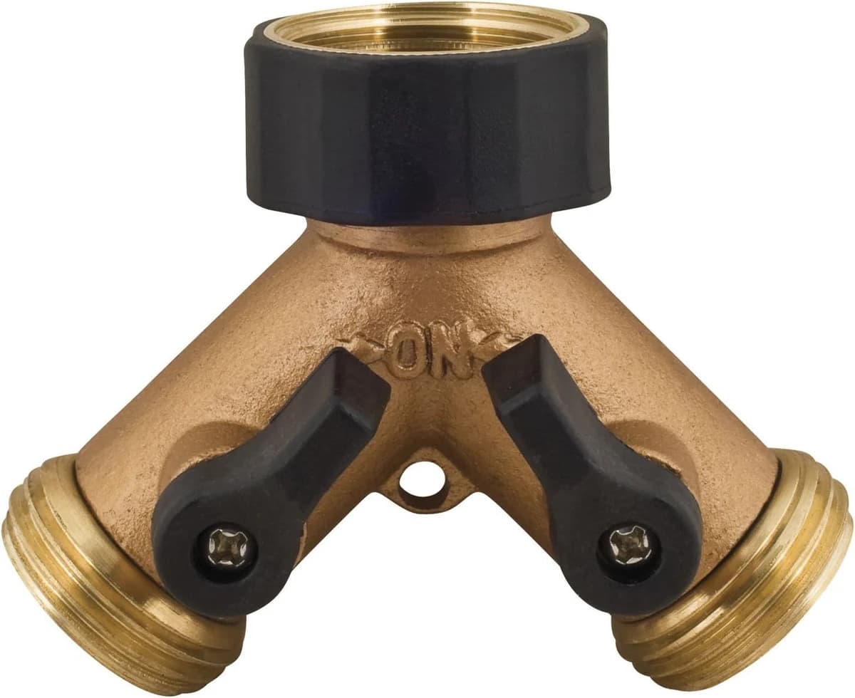 Melnor 2 Way Metal Hose Connector with Built in Shut-Off valves, Gold product image