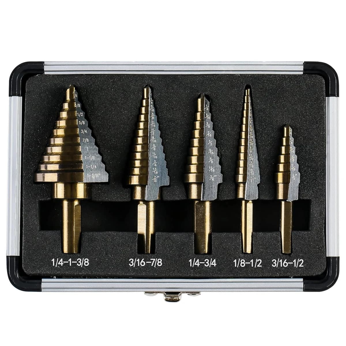IRONANT 5pc Step Bit Set HSS Titanium 50 Sizes for Metal with Aluminum Case product image
