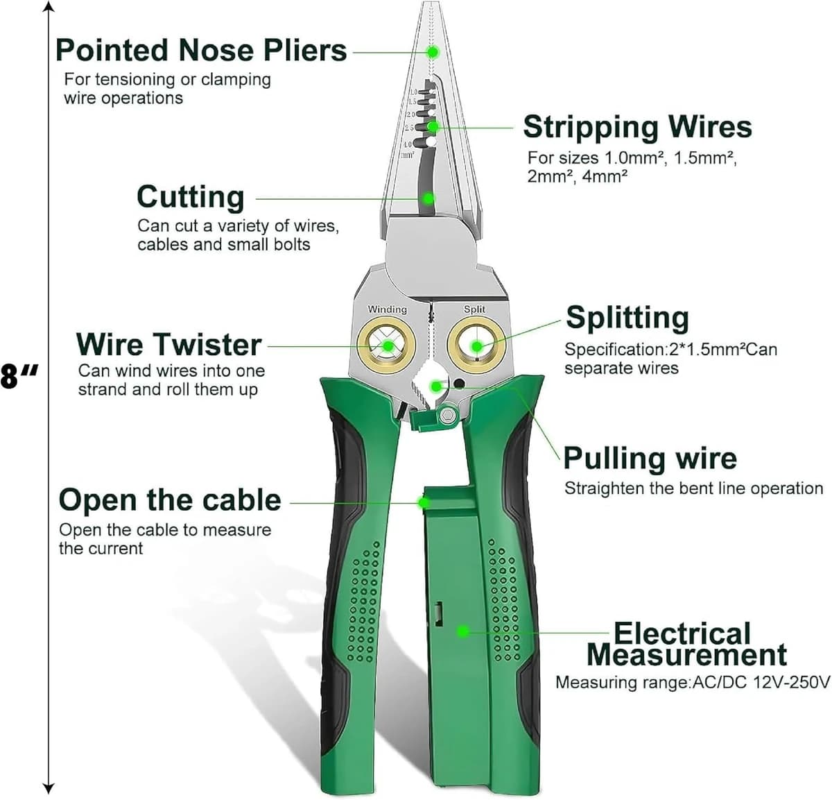 8-in-1 Wire Stripper Pliers w/Non-Contact Voltage Detector &Ins Handles HVAC product image