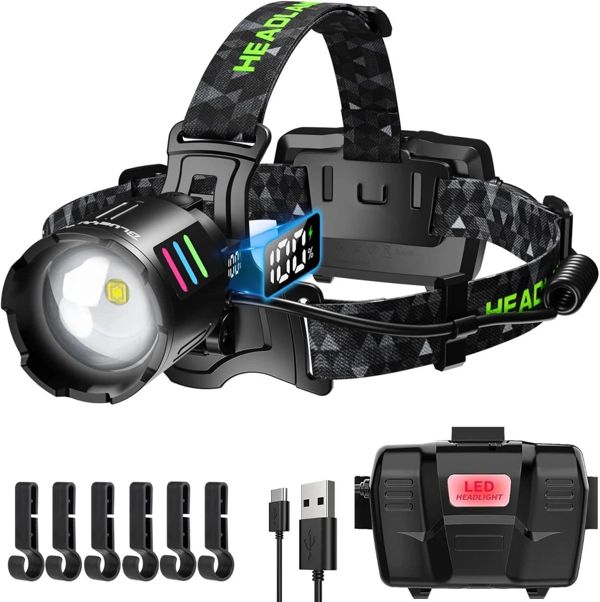Blue-Yu Led Rechargeable Headlamp, 90° Adjustable Zoom, USB Charging & 3 Modes product image