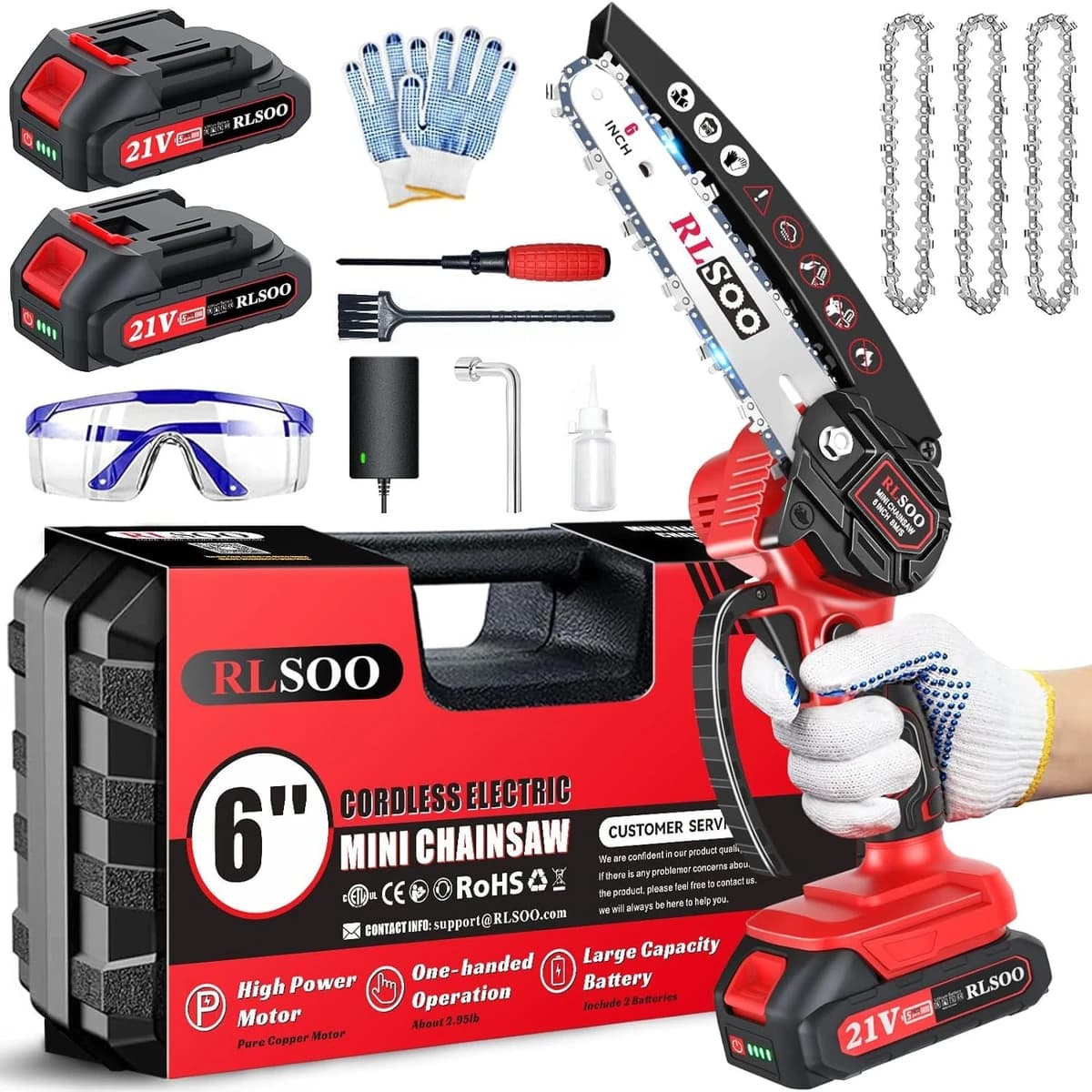 RLSOO 6" Mini Chainsaw for Wood Cutting, Tree Trimming w/2 Batteries & 3 Chains product image