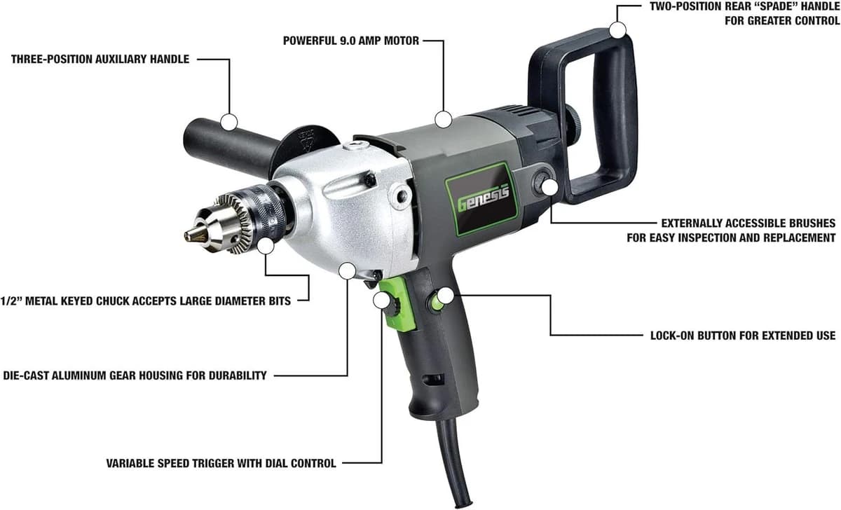 Genesis 1/2" 9.0 Amp Electric Mud Mixing Drill w/Lock-On Button product image