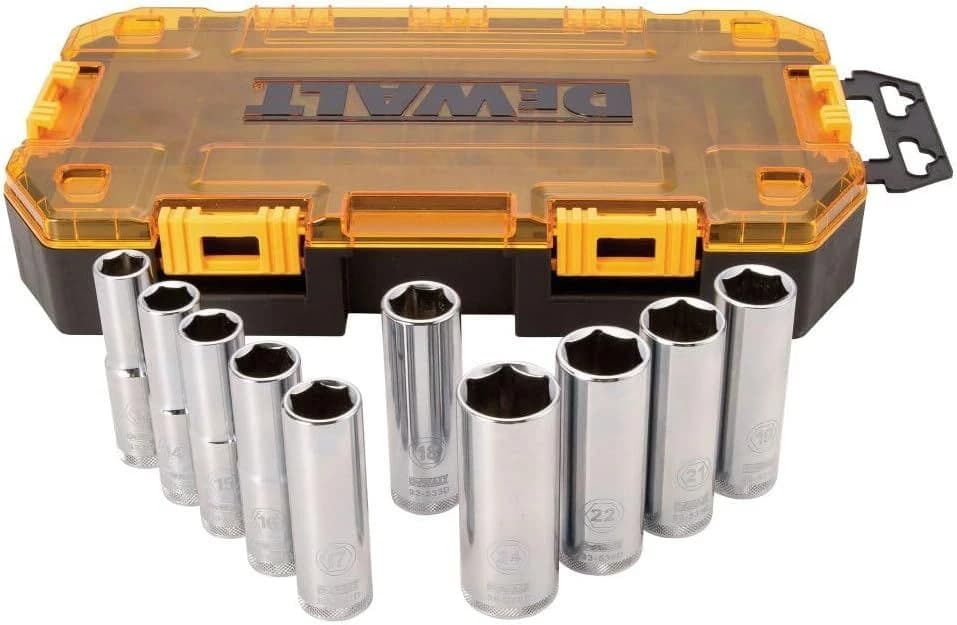 Dewalt Tough Box 1/2" Drive Metric Deep Socket Set 10pc 13mm - 24mm product image