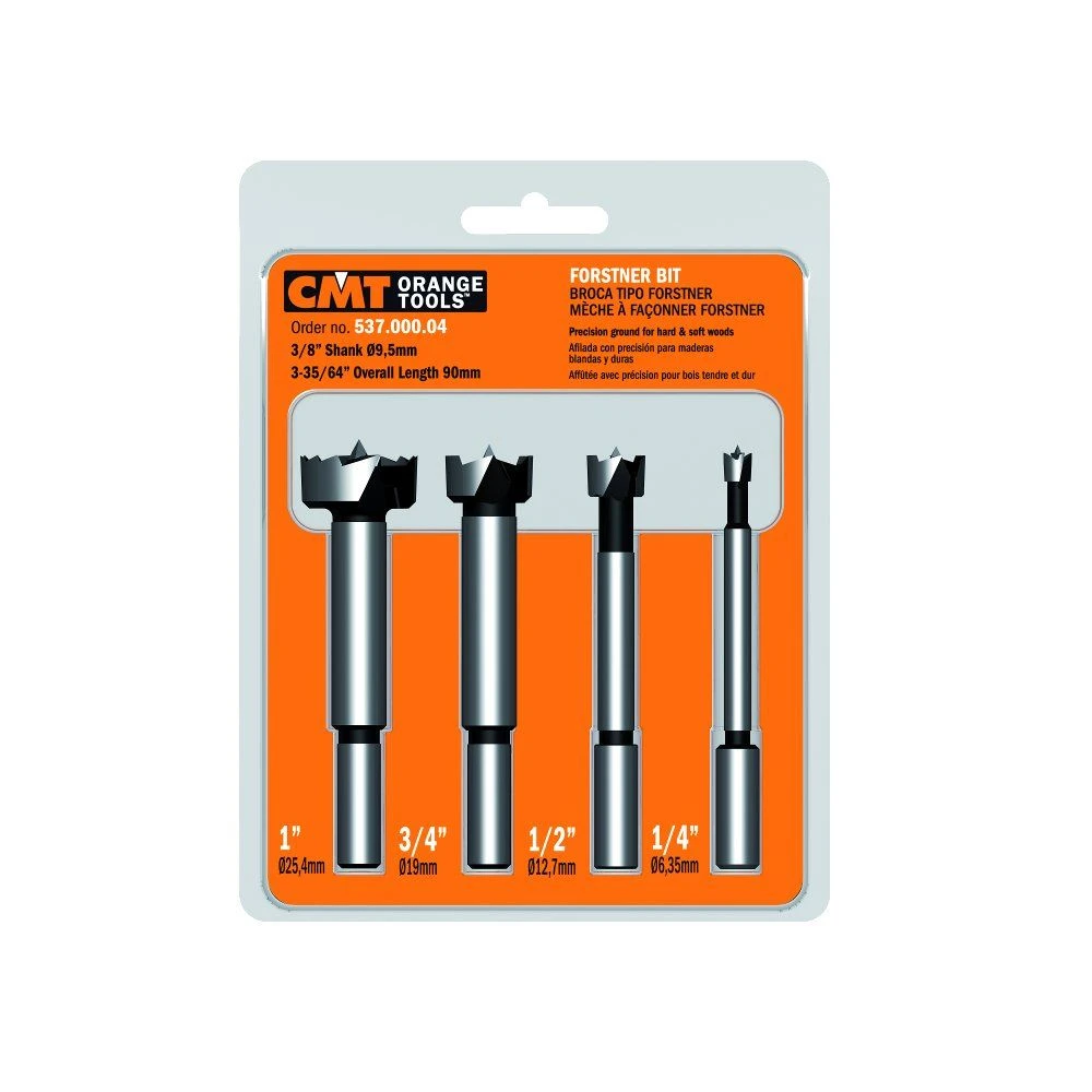 CMT 4pc Forstner Bit set 1/4", 1/2", 3/4", 1" Diameters, 3/8" Shank product image
