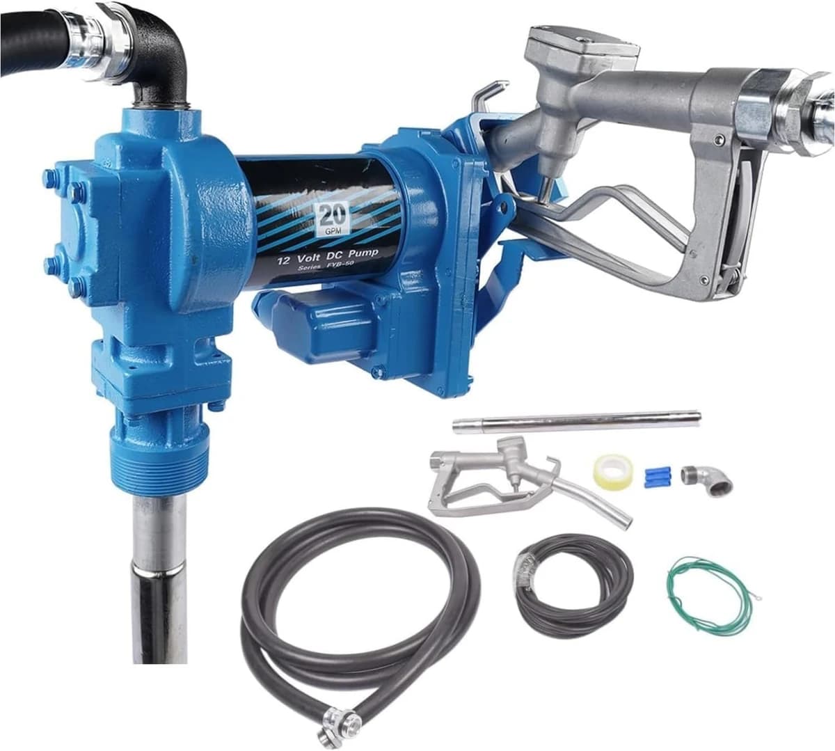 20 GPM 12 Volt High Flow DC Fuel Transfer Pump w/Discharge Hose & Nozzle, Blue product image