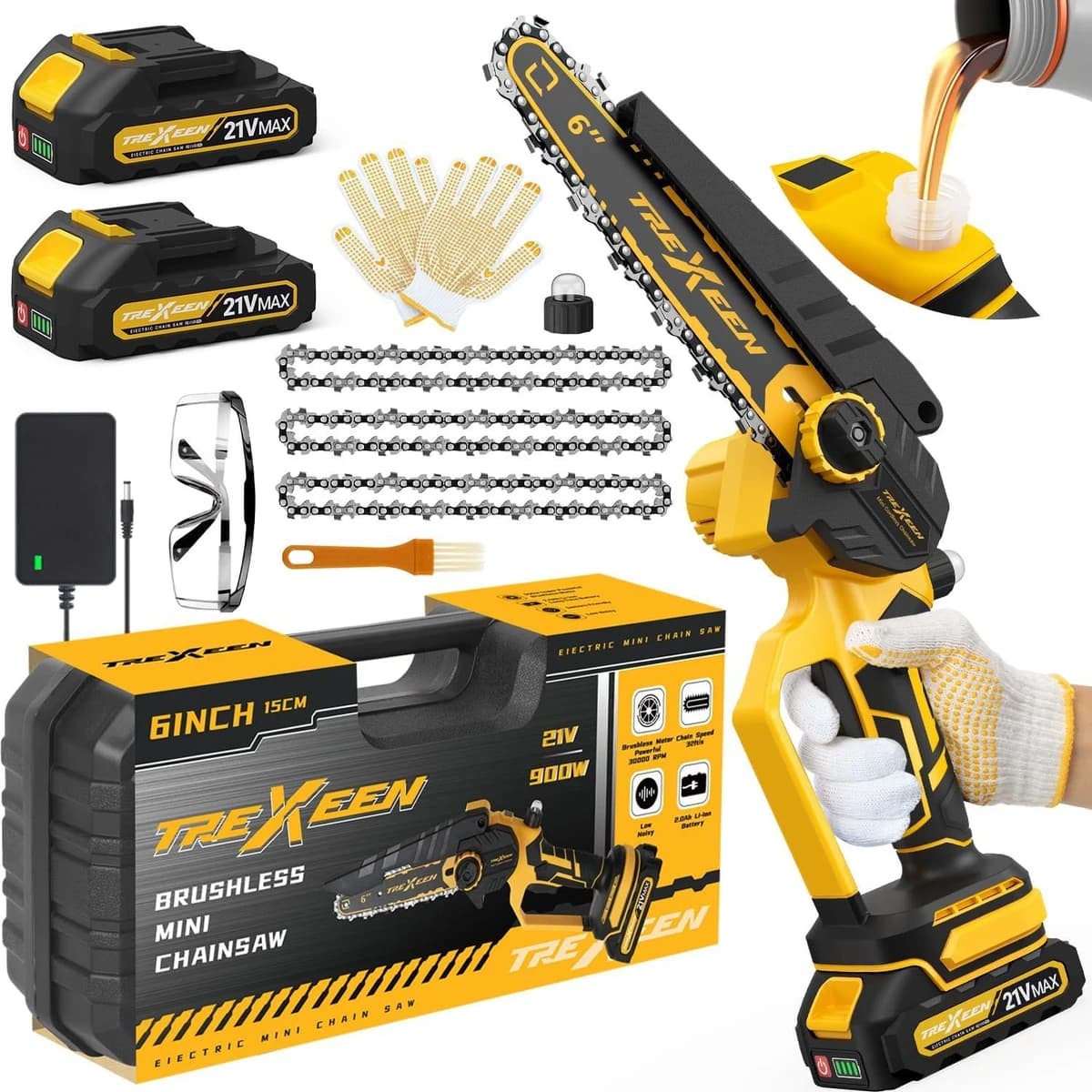 Trexeen Mini Chainsaw 6" Upgraded 900W Brushless Motor, Auto Chain Regulator product image