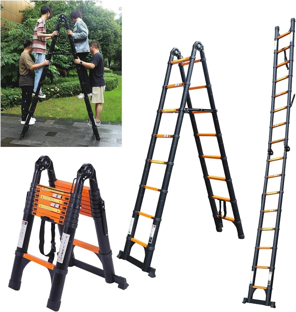 JADDUO 12.5' Aluminium Black Telescoping Ladder Non-Slip Feet&Stable Hook 330LB product image