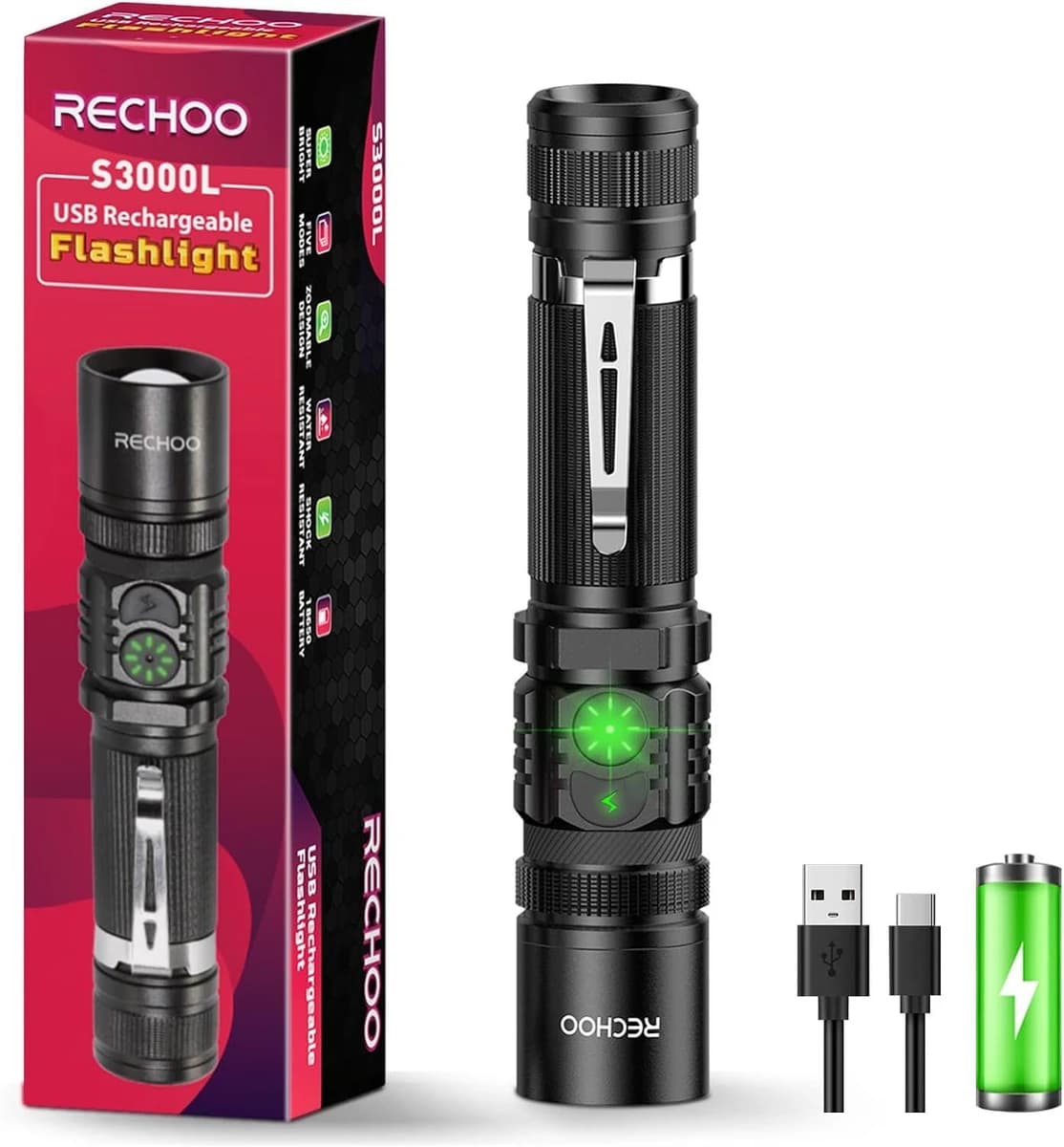 RECHOO Flashlight USB Rechargeable Double Switch S3000L LED Tactical 5 Modes product image