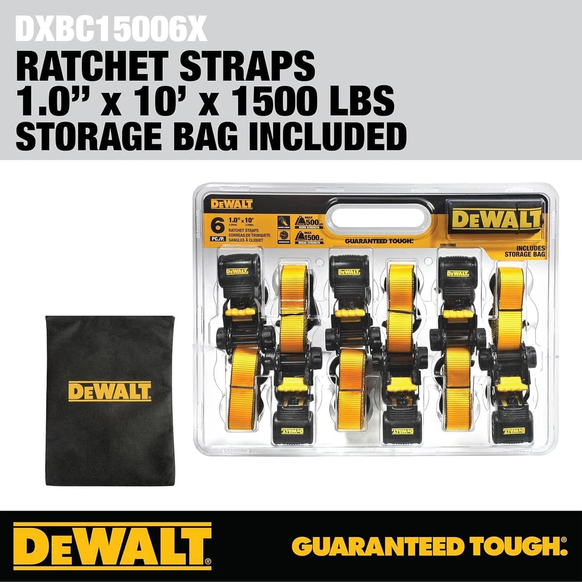 Dewalt 1" x 10' Ratchet Tie Down Strap 500lb Safe Working Load 6pk product image