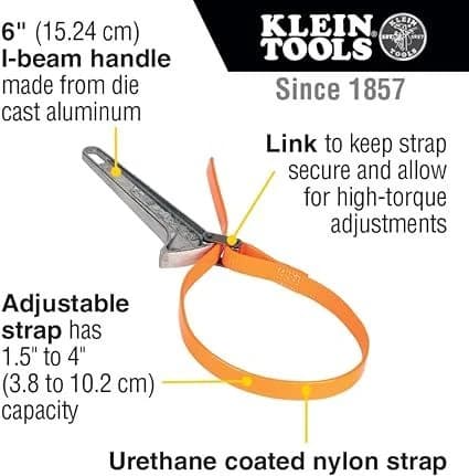 Klein Adjustable Grip-It Strap Wrench Adjusts 1 1/2 to 4", 6" Handle product image