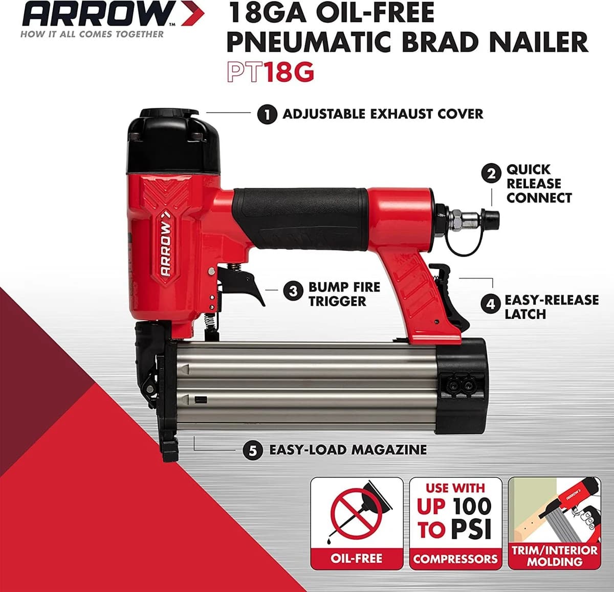 Arrow 18 Gauge Oil-Free Pneumatic Brad Nailer fits 5/8", 3/4", 1", 1.5", 2" product image