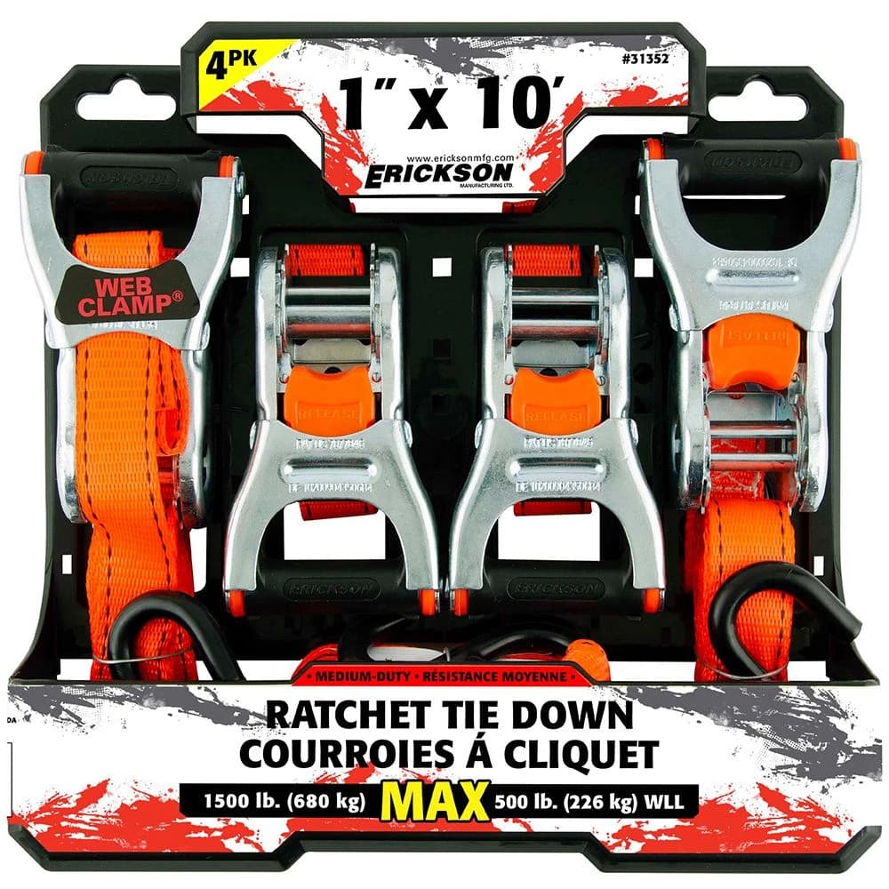 Erickson Orange 1" X 10' Web Clamp Ratchet Tie-Down, 1500 lb. Load Cap 4pk product image
