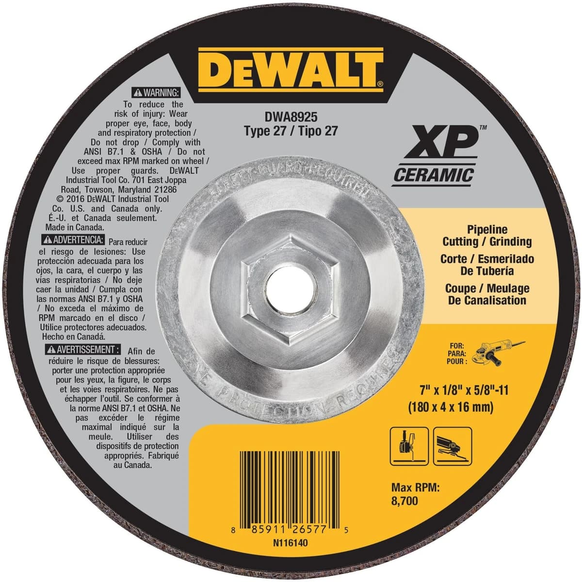 DeWalt Ceramic Cutting and Grinding Wheel, 7 x 1/8 in, 5/8-11 Arbor product image