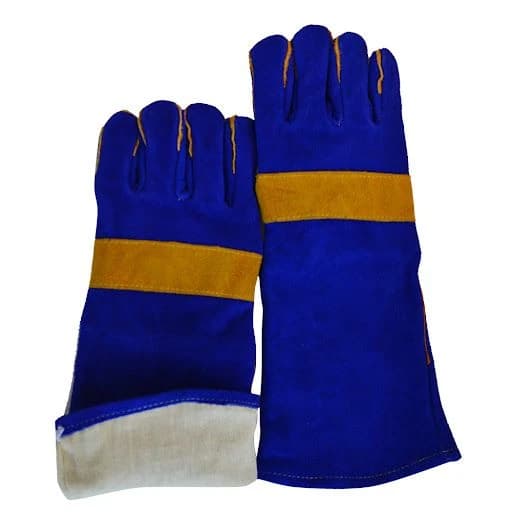 Welders gloves, 16" Blue cow split leather w/yellow double palm &back bar (LC2023A) product image