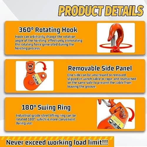 2 Ton Snatch Block with Hook, 3' Sheave for 3/8" Wire Rope product image