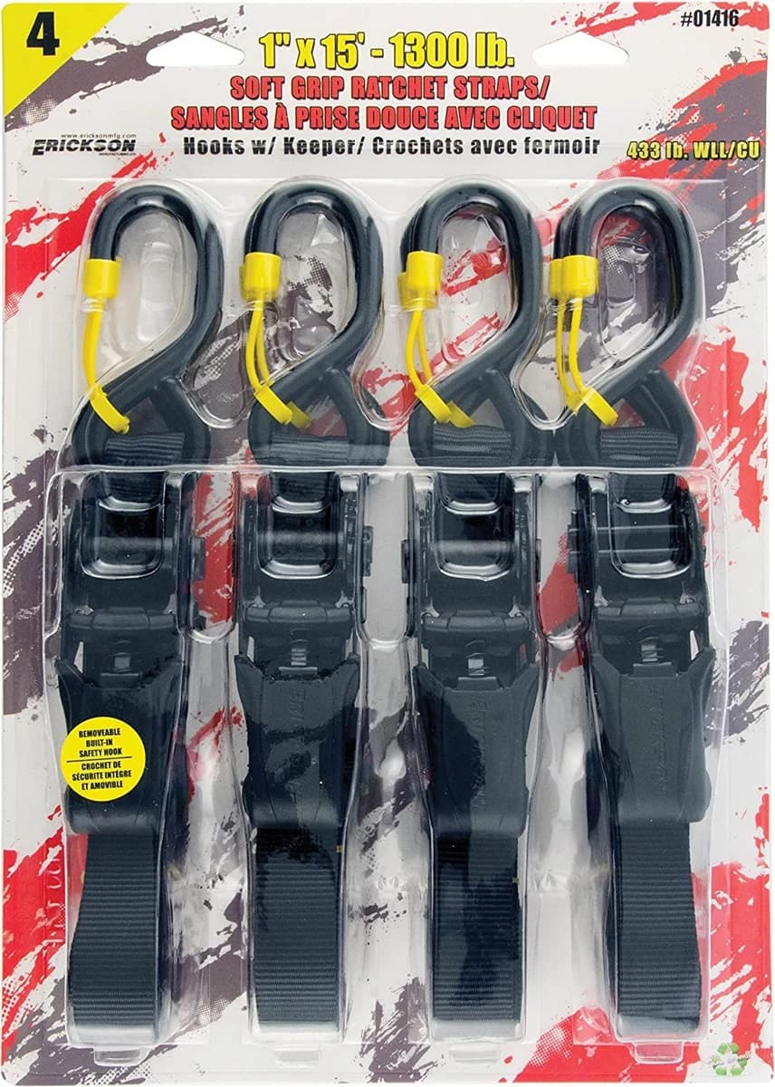 Erickson 1" x 15' Soft Grip Ratcheting Tie Down Strap w/Cap Locks 1300lb - 4 Pk product image