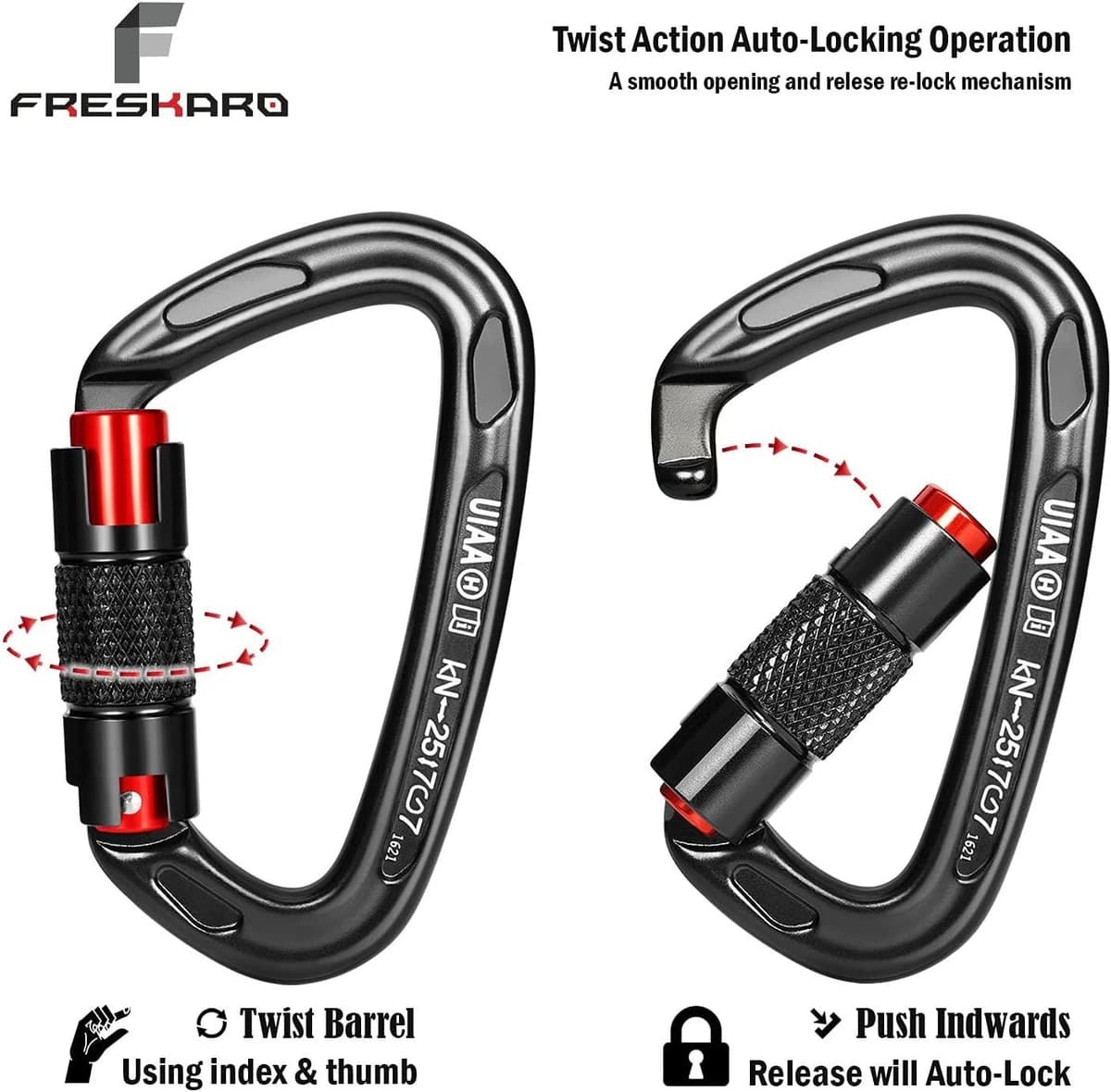 FresKaro UIAA Certified 25KN Double Locking Climbing Carabiner Clips Black product image
