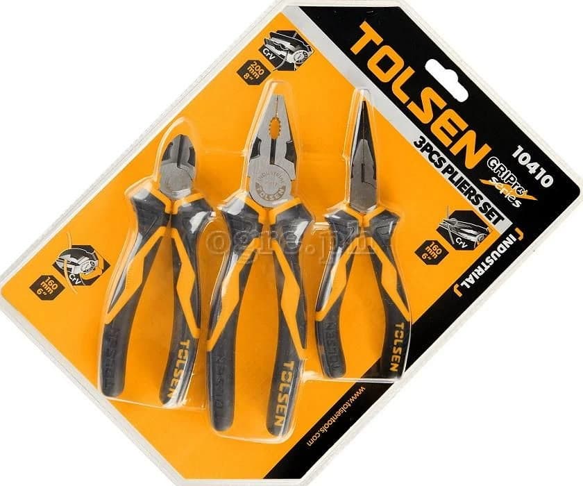 Tolsen 3pc Pliers Set Cr-V Black Finish (8' Comb, 6" LNose, 6" Diag) product image