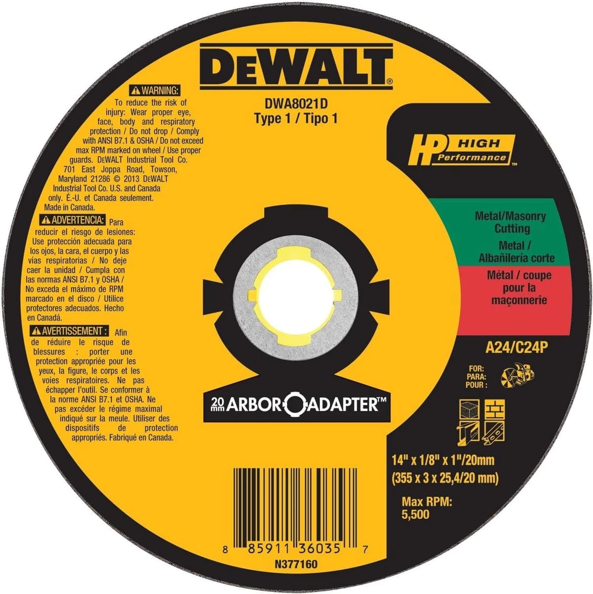 Dewalt 14" x 1/8" x1" / 20mm Metal/Masonry Cutting Blade product image