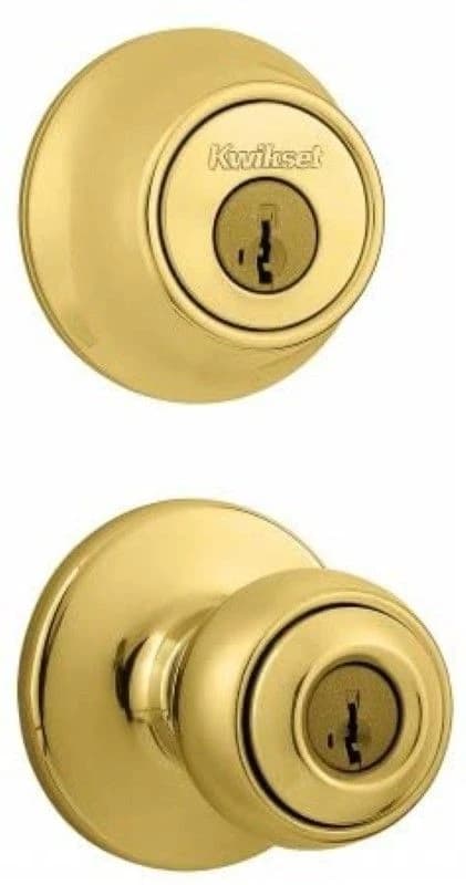 Kwikset Polished Brass Polo Knob with Single Cylinder Deadbolt Combo Pack product image