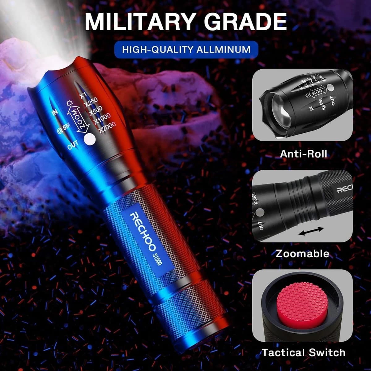 RECHOO Tactical Pocket Flashlights 1500 Lumens Zoomable 5 Modes (S1500/X003A9WHM3) product image