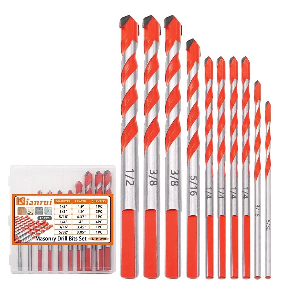 Dianrui 10pc Masonry Carbide Bit Set for Concrete, Glass, Tile, Plastic 5/32-1/2 product image