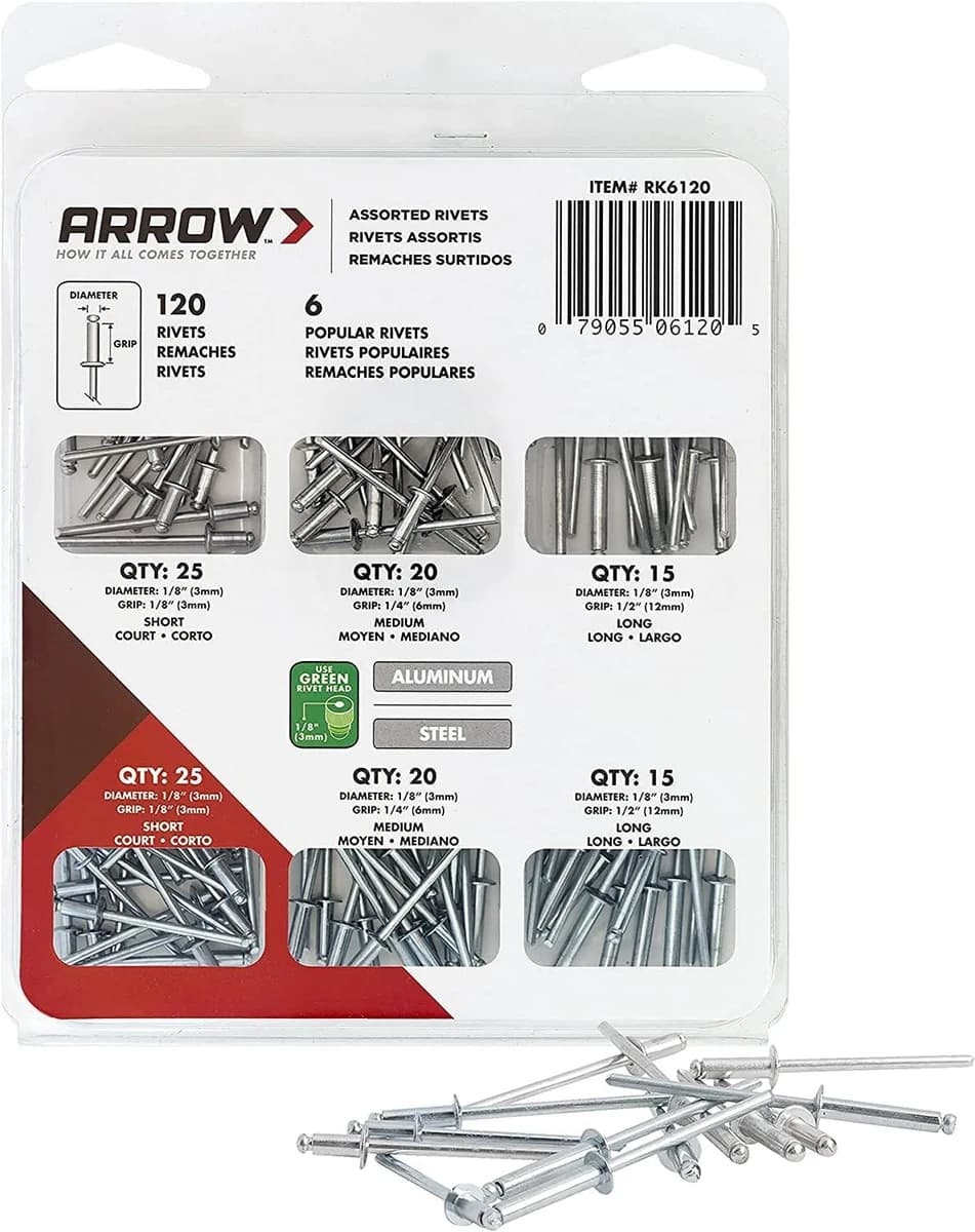 Arrow Pop Rivet Assortment Kit Metal, Fabric, Leather, 1/8 Inch 120-Pack product image