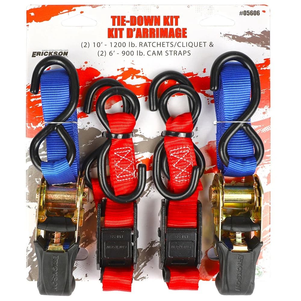 Erickson Ratcheting and Cam Buckle Tie-Down Strap 1" x 10' - 4 Pack product image