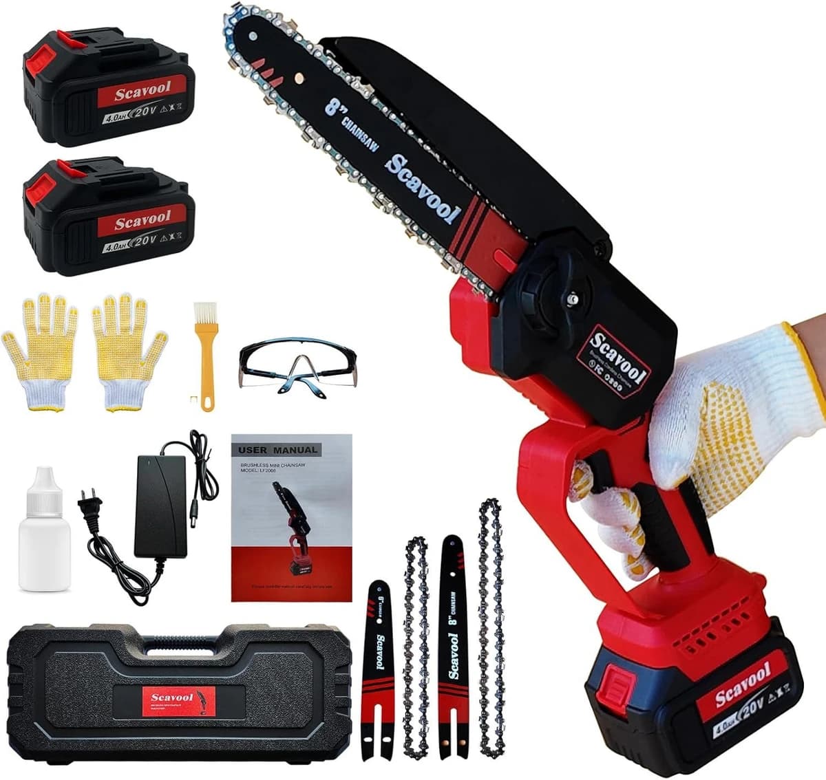 Scavool Mini Chainsaw 6" & 8" Cordless w/2 * 4.0Ah Batteries Tool-Free Tensioner product image