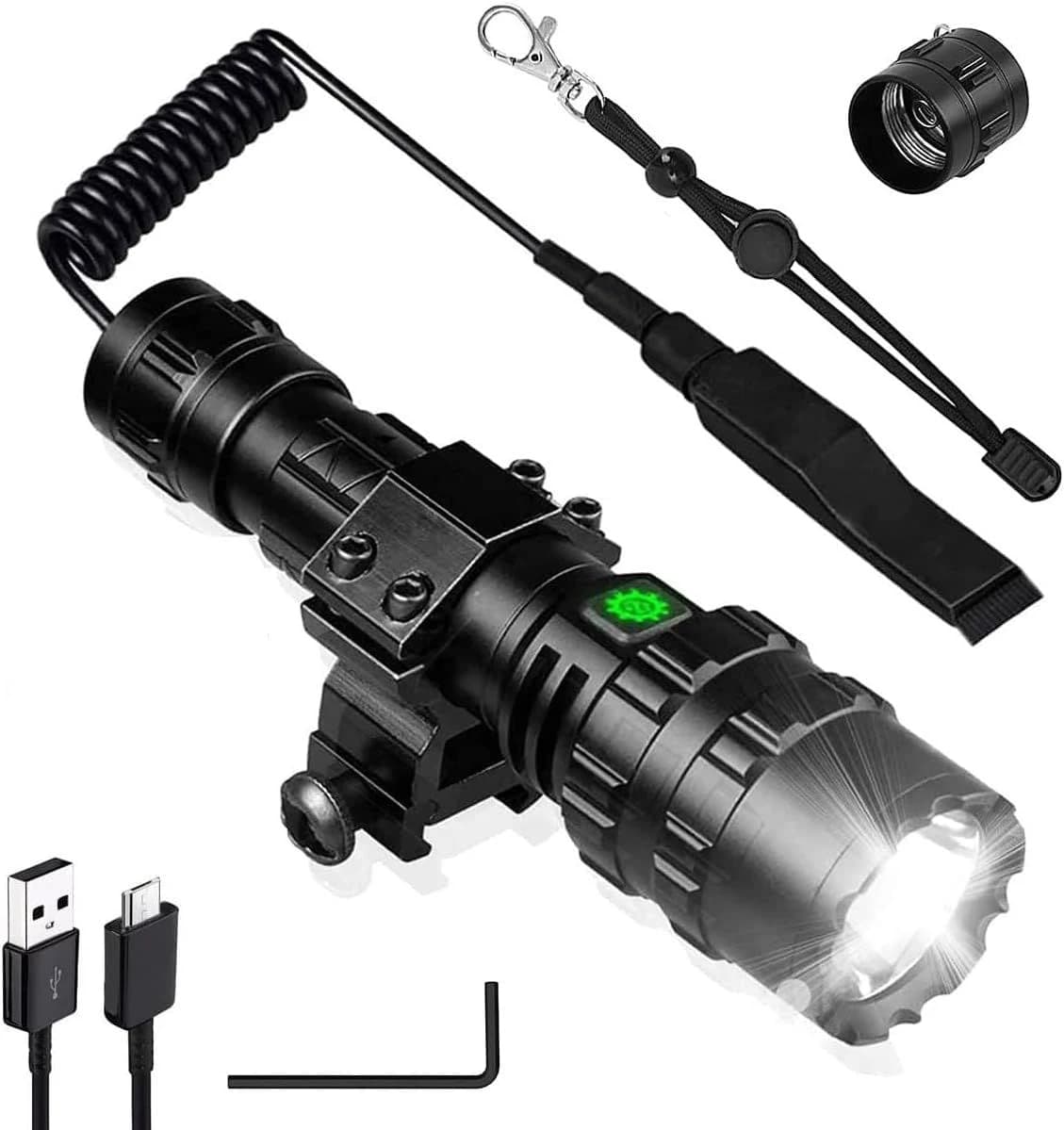 Tactical Flashlight w/Picatinny Rail Mount & Pressure Switch 5 Modes USB Rec.WP product image