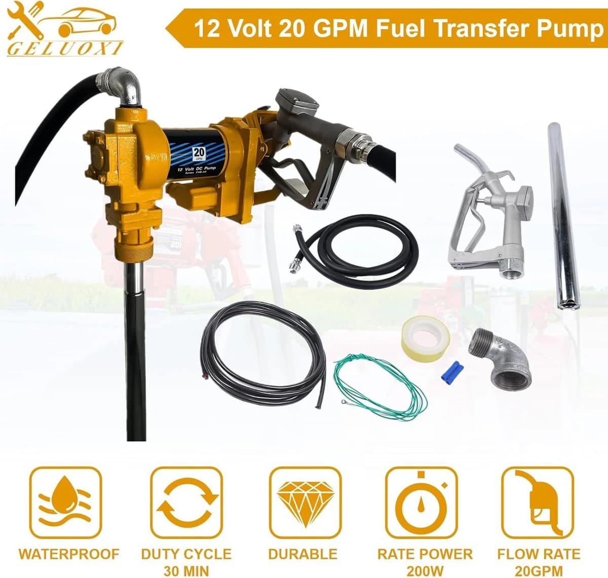 12Volt 20GPM Fuel Transfer Pump w/Nozzle Kit, Yellow Fuse Required More than 50A product image